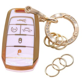 EJOAOJE Key Protective Shell for RAM Key Fob Cover with Keychain Fit for RAM 1500 2500 3500 Smart Key Case Accessories (5-Button-Pink-Gold)