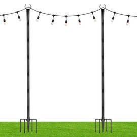 Suchtale String Light Poles with Hooks, 2 Pack 8.5FT Metal Light Pole for Outdoor String Lights with 5-Prong Fork for Garden, Patio, Wedding Party, Outdoor Light Stand Holder for Christmas Deck, Black