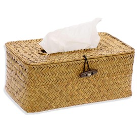 Seagrass Tissue Box, Rectangular Woven Tissue Box, Tissue Box with Lid, Office, Living Room, Dining Room, Bathroom Tissue Organiser, Home Decoration Tissue Box, 23 × 13 × 9 cm Tissue Box (Caramel