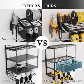CICUFY Power Tool Organizer Wall Mount, 8 Drill Holder with 2 Drawers, 4 Layer Power Tool Holder Storage Rack, Garage Wall Organizer with Screwdriver/Plier/Hammer Holder for Garage Organization