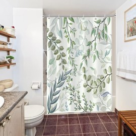 Uiiooazy Eucalyptus Shower Curtain, Green Tree Leaves Plants, Textile Shower Curtains, Anti-Mould, Waterproof, Polyester Fabric, Washable, Bathroom Curtain with Hooks, 150 x 180 cm