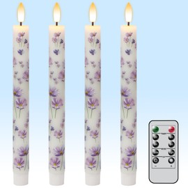 KunSwenn Flameless Taper Candles with Remote, 4 Pcs LED Taper Candles Battery Operated with Purple Flower Decals, Flameless Candlesticks for Spring Wedding Home Decor(0.75” x 9.65”)