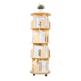 tonchean 4 Tier Rotating Bookshelf Tower,Wood Revolving Bookcase with Wheels Vertical Kids Toddler Bookshelf with Storage,Corner Display Bookshelf Rack for Library Study Office Living Room