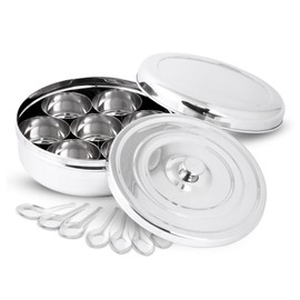 KSJONE Double Lid Spice Container Masala Dabba With 7 Compartments and 7 Spoons, Masala Box, Spice Container Box, Stainless Steel Spice Box Indian with Transparent Lid, 7.3 inch