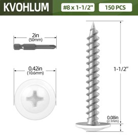 #8 x 1-1/2" (150 PCS) White Head Modified Truss Head Wood Screws, Phillips Drive Fast Metal Self Tapping Screws, Carbon Steel, Full Thread, Screwdriver Bit Included