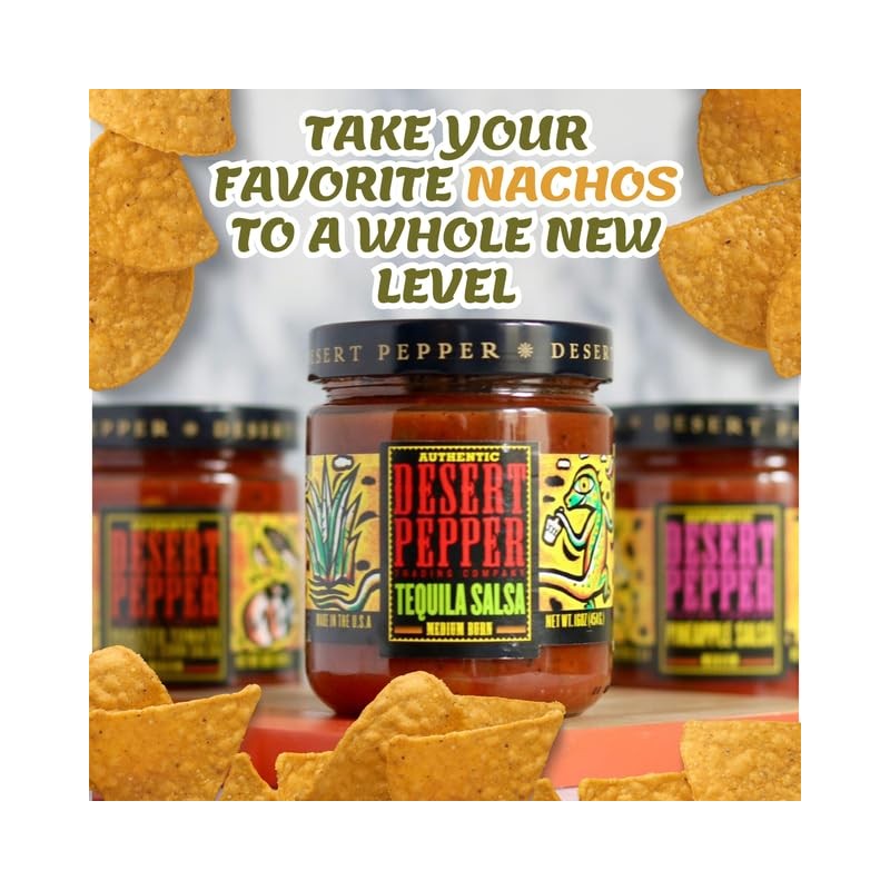 Desert Pepper Tequila Salsa with Tomatoes, Jalapenos, and Premium Tequila.