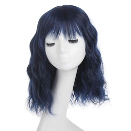 Leeven 12" Ombre Blue Synthetic Wigs with Bangs Short Wavy Bob Style Wigs for Women Heat Resistant Shoulder Length Hair Wig Blue Cosplay Wig (1BBLUE#)