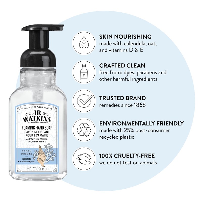 J.R. Watkins Foaming Hand Soap with Pump Dispenser, Moisturizing Foam