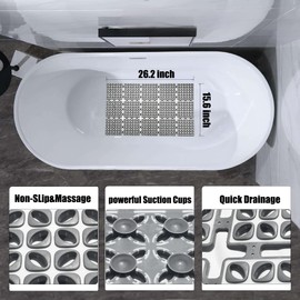 HTWELL Shower Mat 26.2x15.6 Inch Gray,Non-Slip Bath Mat with Ultra Strong Suction,Durable TPE+PP, Anti-Slip Bathtub Mat, Wall-Mountable&Foldable, Quick-Dry Drain Holes