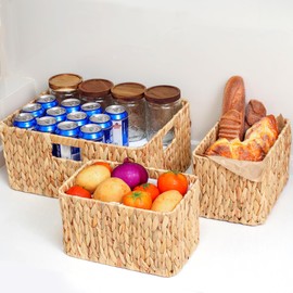 JS HANGER Wicker Basket, Large Baskets for Organizing, Storage Basket with Built-in Handles, Water Hyacinth Open Storage Bins for Shelves 3 Pack