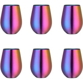 Buyer Star Double-Walled Metal Wine Cup - 17oz Unbreakable Stainless Steel Stemless 6-pack Tumbler Glasses for Chilled Drinks, Perfect for Father's Day, BBQ, Picnic & Beach (Rainbow)