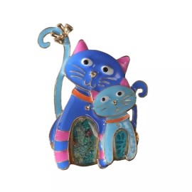 Unbranded Mother Cat with Kitten Brooch Whimsy Blue Enamel