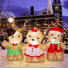 Joliyoou Christmas Inflatable Decoration, Set of 3 Blowup Gingerbread Man Hand in Hand, Adorable Xmas Inflatable Ginger Bread Man for Winter Holiday Outdoor Indoor Decor, 8FT in Length