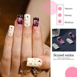 Florry Cute Press on Nails Short Fake Nails Square Acrylic False Nails for Scrawl Designs Full Cover Reusable Stick on Nails for Women and Girls (Unique)