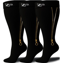 Zeta Wear Plus Size Zipper Support Socks - Wide Calf Graduated Compression for Women, Men, Seniors - Black, 4XL