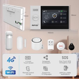 WiFi Wireless Alarm System for Home Security - 24/7 Protection Smart Home Devices 4.3" Touch Screen, GSM/4G+WiFi, App Instant Alerts, No Monthly Fee, Alexa Compatible for Villa, Kids Safety (13pcs)