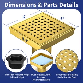 Bernkot Square Shower Drain 4", 304 Stainless Steel Floor Drain w/Hair Strainer, Grid Shower Drain w/CUPC Certified (Brushed Gold, 4 Inch)