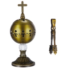 Zonon Catholic Incense Burner with Tong Charcoal Polished Metal Brass Censer Holder Christian Church Censer Burner Holder Cones Cross 7. 9" Aromatherapy Fragrance Ornament (Bronze)