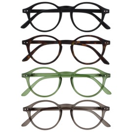 OPULIZE REY Lesebrille - 4er-Pack - Runder Retro-Rahmen - Mattschwarz, Braunes Schildpatt, Grün, Grau - Herren Damen - Federscharniere - RRRR56-1267 - +1.50