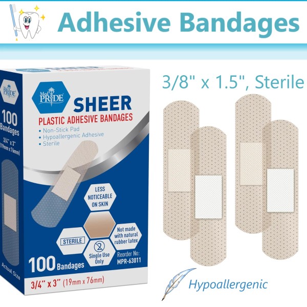 MedPride Sheer Adhesive Strip Bandages, BandAid 3/8" x 1.5, Sterile