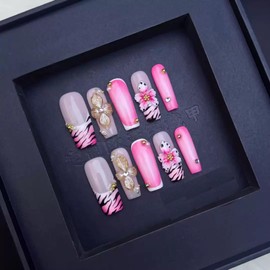 100% 5D Handmade Press on Nails Pink Flower Long Square Fake Nails Press ons Leopard French Tips False Nails Rhinestone Embossed Floral Press on Nails for Women Girls Daily Wear DIY Manicure Size L