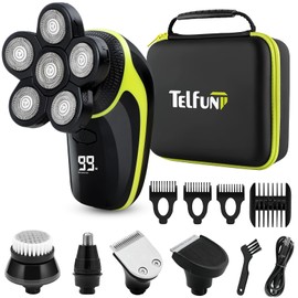 Telfun Head Shavers for Bald Men, 5-in-1 Head Electric Razor with Nose Hair Sideburns Trimmer, Waterproof Wet/Dry Mens Grooming Kit, LED Display, IPX7-Waterproof, Gifts Travel Case