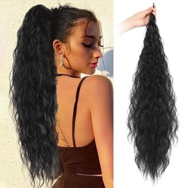 Gx Beauty 32 Inch Flexible Wrap Around Ponytail Extension Long Corn Wave Curly Ponytail Extension Natural pony tail Synthetic Hairpiece for Women（1B#）