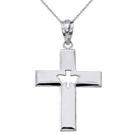 Sterling Silver Holy Spirit Cross with Descending Cutout Dove Pendant Necklace, 20"