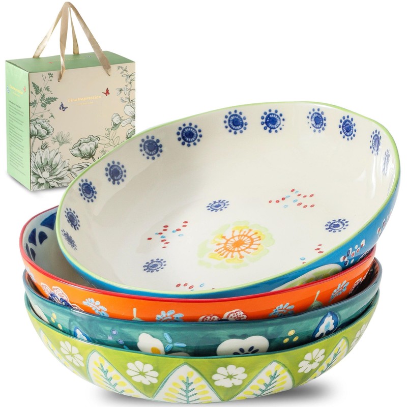 CINAIMPRESSION 9Inch Pasta Bowls Set of 4, HandPainted Ceramic, Mix