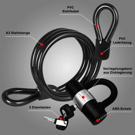 Cable lock, e-scooter lock, bicycle lock, 2 metres long, robust anti-theft bicycle lock for scooter, bicycle, pram, sports equipment