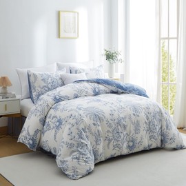 Blue Floral Duvet Cover Set Full Size 3 Pcs White Blue Duvet Cover with Flower Leaf Pattern Soft Breathable Microfiber Aesthetic Bedding Set Zipper Ties for Men Women Coastal Style