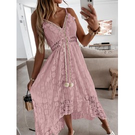 CUPSHE Women's Summer Dresses Sleeveless Lace Casual Tassel Beach Spaghetti Straps Flowy Maxi Sun Dress Pink, S