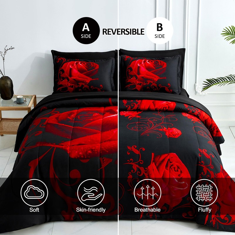 WONGS BEDDING Red Comforter Set Queen, Reversible Red Rose 7