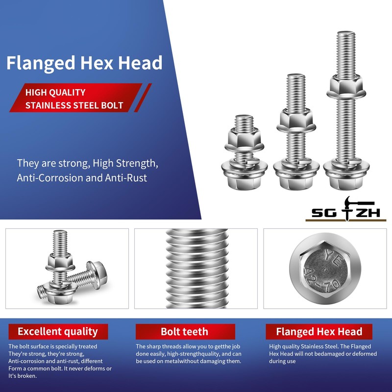 M10 x 60mm Flanged Hex Head Bolts, Nuts, Flat &