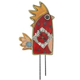 American Made Whimsical Red Hen Wall Clock, Carved Wood & Pewter, 20"