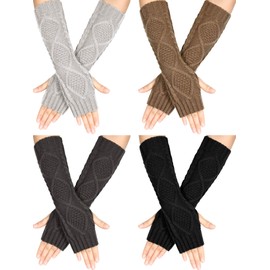 SATINIOR 4 Pairs Winter Knit Warm Long Glove Thumbhole Fingerless Gloves Arm Warmers Glove for Women(Black, Dark Grey, Light Grey, Camel)