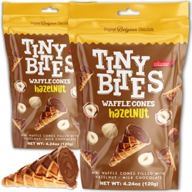 Tiny Bites - Crispy Mini Waffle Cones Treats - Premium Belgian Chocolate, 4.24 oz Bag (Pack of 2) - Delicious Variety of Flavors, Perfect Snack, Dessert, or Ice Cream Topping (2 Pack, Hazelnut)