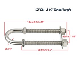 Amarine-made Stainless Steel Marine Boat Stern Bow Eye Tie Down U Bolt (1/2-Inch and 3/8-Inch Optional) (Silver, 1/2" Dia - 3-1/2" Thread Lenght)