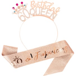 KEUKORZ 60th QUEEN Birthday Headband Crown- Rose Gold Hairband Tiara & Sash for Women - Glitter Hair Accessories for Birthday Queen Decoration