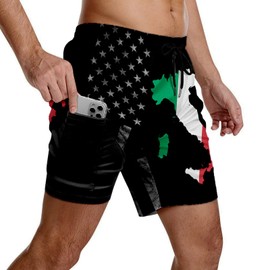 Sekibraunk American Italian Flag Mens Swim Trunks with Compression Liner 9 Inch Inseam Bathing Suit Quick Dry Swimming Trunks Swimsuit Beach Board Shorts with Pockets Drawstring, Medium