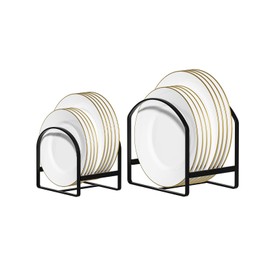 2 Pack Kitchen Plate Holder Organizer for Cabinet Space Saver Dinner Dish Plate Storage Rack Upright Dish Drying Racks Metal Plate Dish Stand for Cupboard Countertop Rustproof Black (1 Large 1 Small )