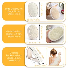 QESSUVNC 3 Stück 40 Zoll Verbesserter Peeling Rückenschrubber aus Natural Schwamm Luffa Natur Luffa Rückenbürste für Männer und Frauen, 100% Natur Luffa Körperpad mit Rücken Gurt