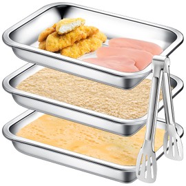 Breading Trays Set of 3 Large 10.4 x 7.7 x 1.9 Inch Stainless Steel Breading Pans with Tong for Dredging Chicken Breasts and Marinating Meat, Food Prep Trays for Breadcrum Dishes, Schnitzel