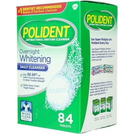 Dentu-Care Overnight Denture Cleaning Tablet Denture Brush Set - Advanced Strength Whitening Formula for Full & Partial Dentures - Polident 84 Cleansing Tablets & Specialized Denture Toothbrush