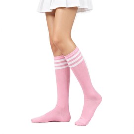 Benefeet Sox Pink Knee High Socks for Women Girls Cotton Striped Knee High Sock Athletic Sports Long Tube Socks Casual Soccer Roller Skate Over Calf Tall Sock