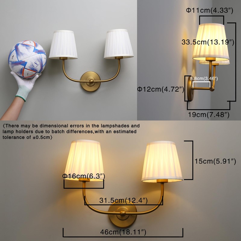 PERMO Vintage Sconce Gold 2 Lights Wall Sconces with Pleated