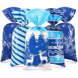 Outus 120 Pieces Winter Cellophane Candy Bags Winter Snowflake Plastic Cookie Cello Bags Blue Snowflake Theme Holiday Goodie Treat with 100 Twist Ties for Birthday Baby Shower Party Favor Supplies