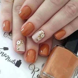 Amber Press on Nail Fall Short Fake Nail with Flower Designs Square Shaped False Nails Cute Acrylic Stick on Nail Autumn Glue on Glossy Artificial Nails Reusable Nails for Women 24Pcs