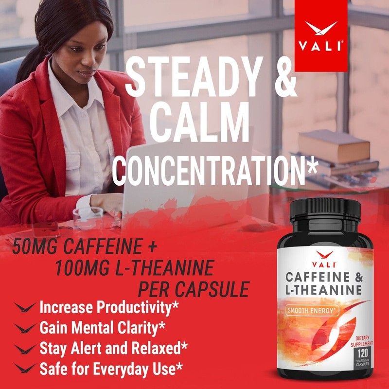 VALI Caffeine & L-Theanine Smooth Focused Energy Supplement, 120 Veg