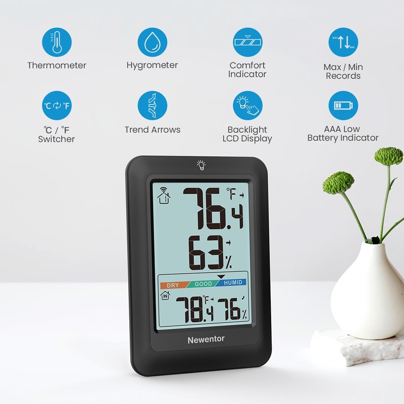 Newentor Indoor Outdoor Thermometer Wireless, Remote Temperature Monitor Hygrometer, Outside